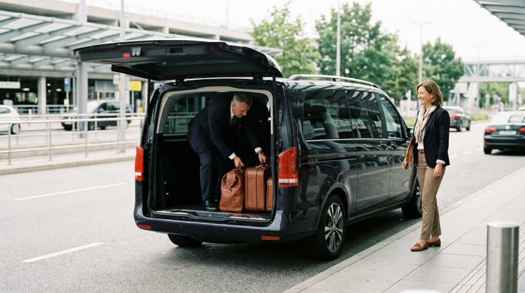 Fahrgast lädt Gepäck in Flughafentransfer.