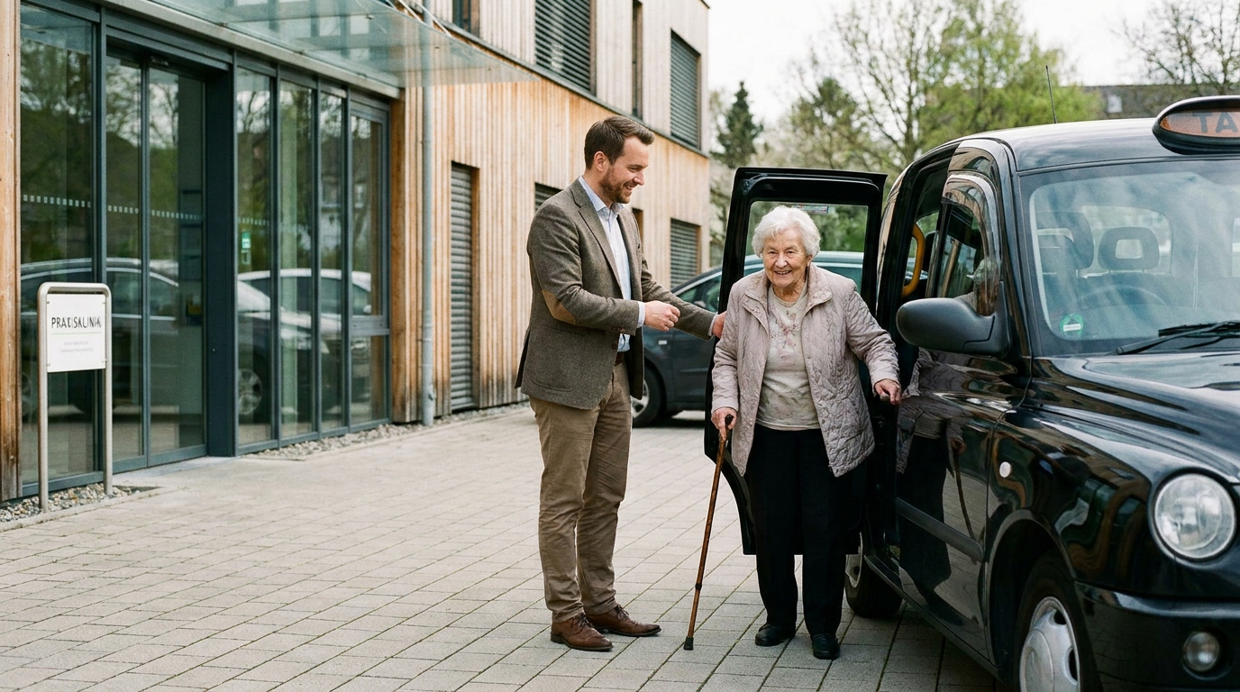 Schwarzes Taxi vor dem Eingang einer Praxisklinik mit moderner Holz- und Glasfassade