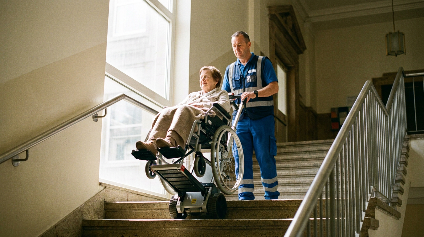 Männlicher Helfer in blauer Uniform und Warnweste transportiert eine ältere Dame im Rollstuhl eine Treppe hinab