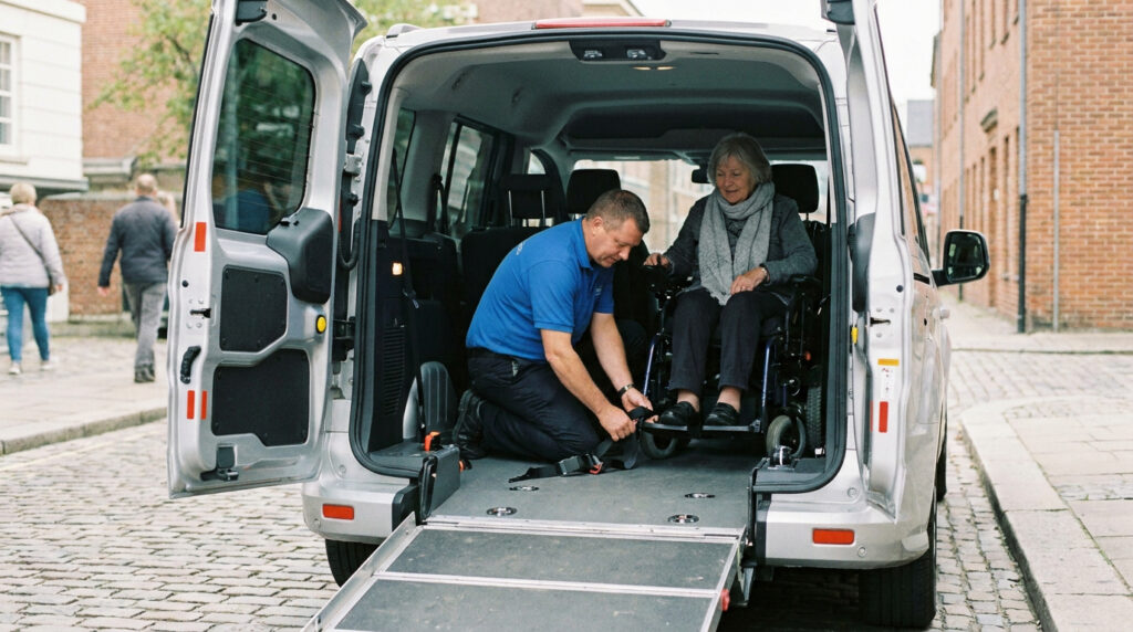 Fahrer sichert Rollstuhl im Fahrzeug.