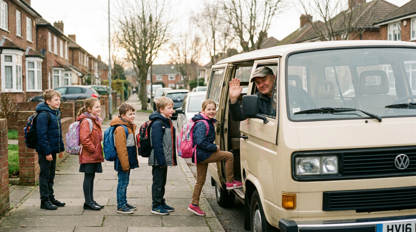 Schulkinder steigen in Kleinbus ein.