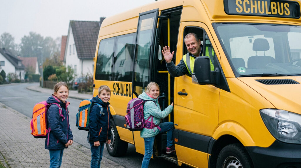 Kinder steigen in Schulbus ein.